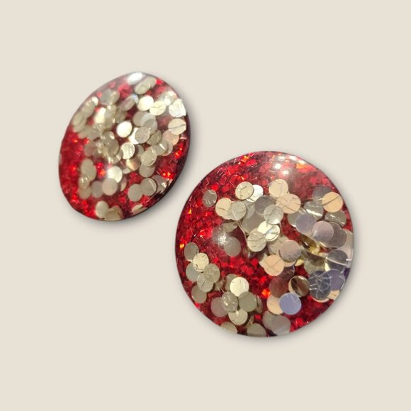 Vintage Red Lucite Confetti Clip-On Earrings Round Retro Style - Picture 2 of 4